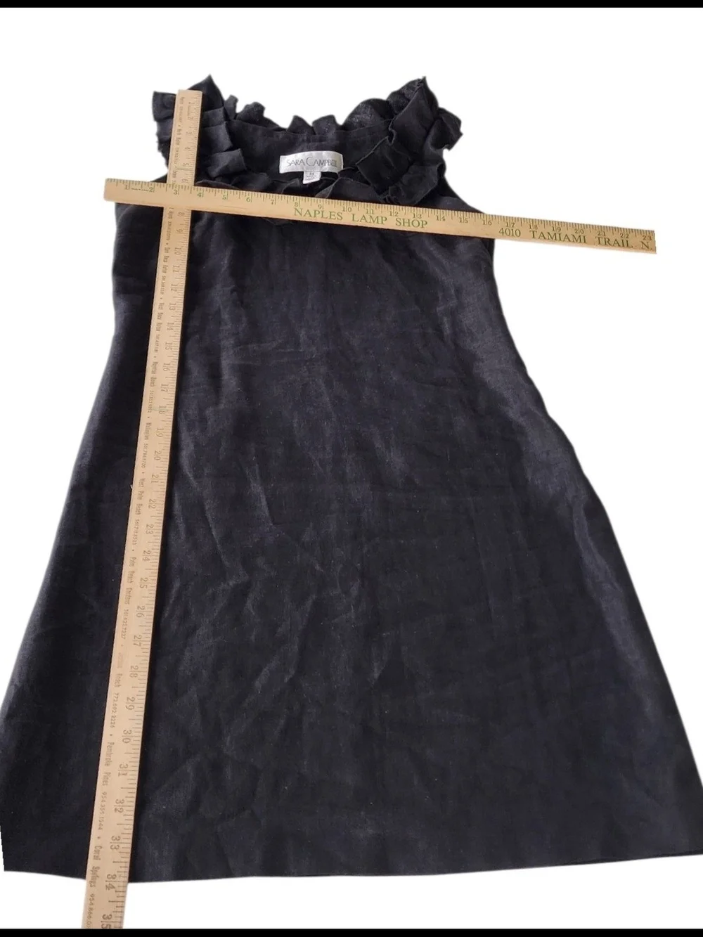 Sara Campbell 100% Linen Black Ruffle-Neck Sleeveless Mini Dress - Picture 6 of 8